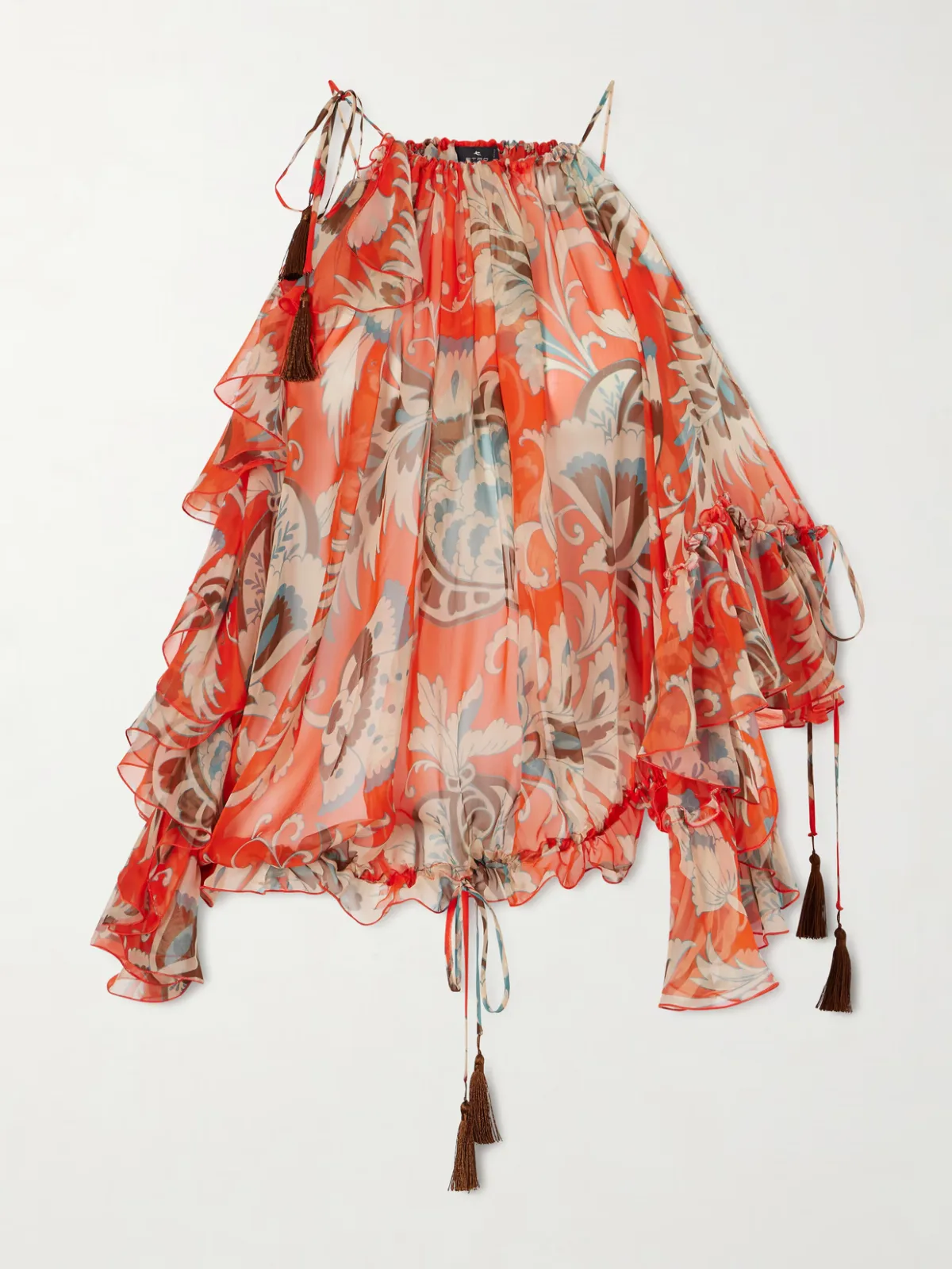 - Off-the-shoulder Asymmetric Tasseled Ruffled Printed Silk-chiffon Blouse - by Etro