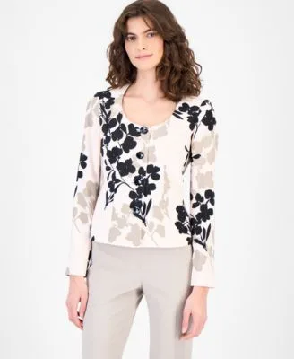 Collarless Printed Four Button Twill Jacket by Anne Klein