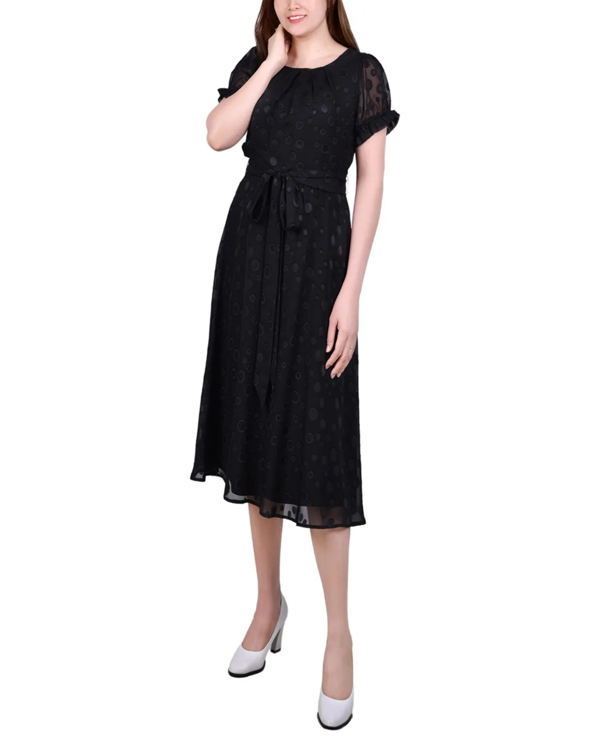 Short Sleeve Belted Swiss Dot Dress by Ny Collection