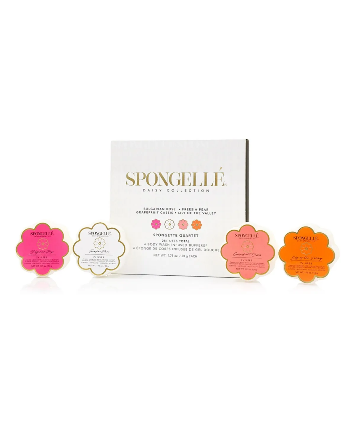 Daisy Collection Spongette Quartet Bulgarian Rose, Freesia Pear, Grapefruit Cassis, Lily of the Valley 28 Plus Uses Total by Spongelle