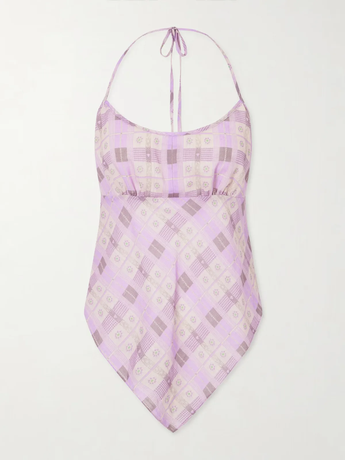 - Apron Checked Printed Cotton-voile Halterneck Top -