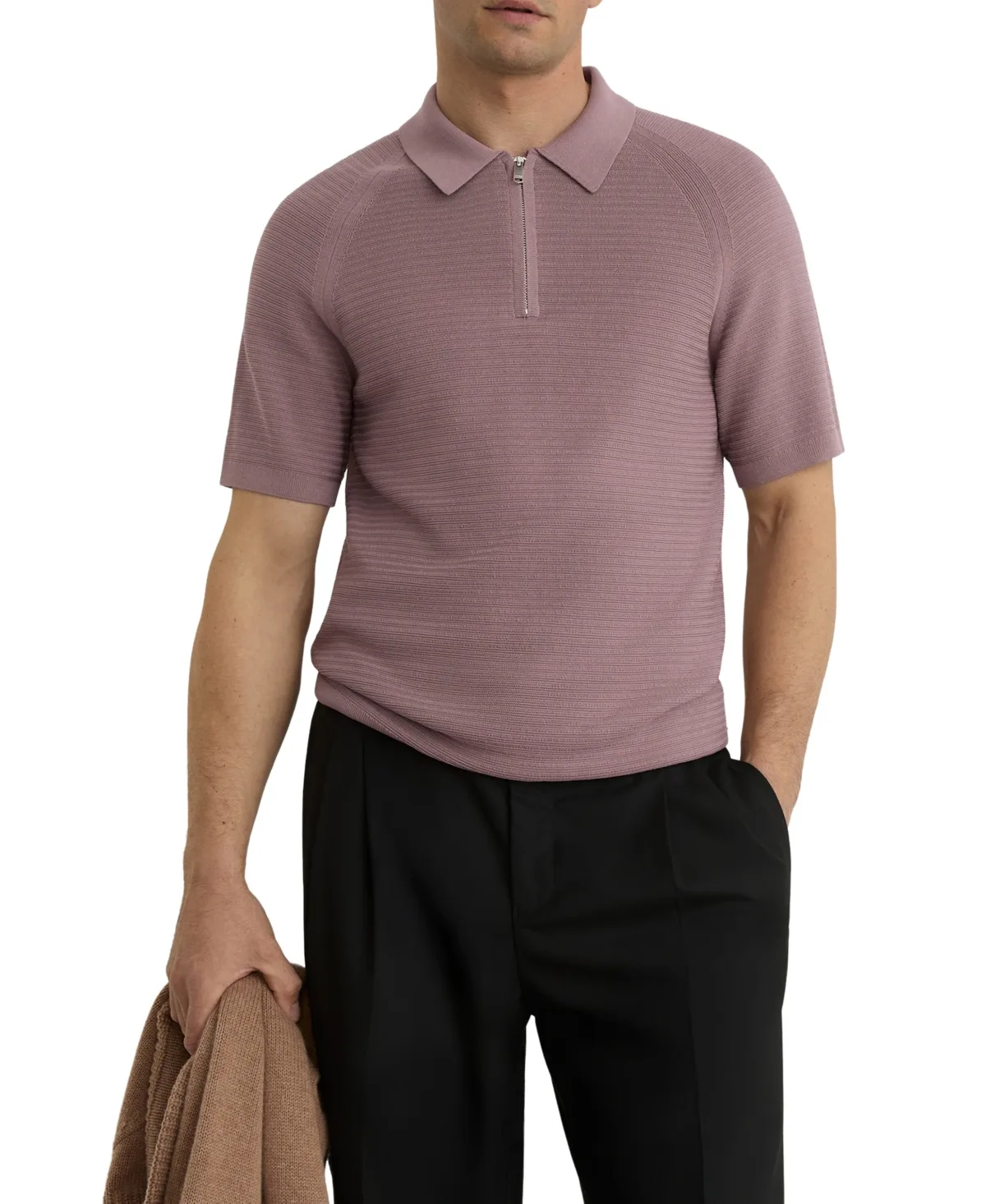 Estate Textured Knit Short-Sleeve Half-Zip Polo Shirt by Reiss
