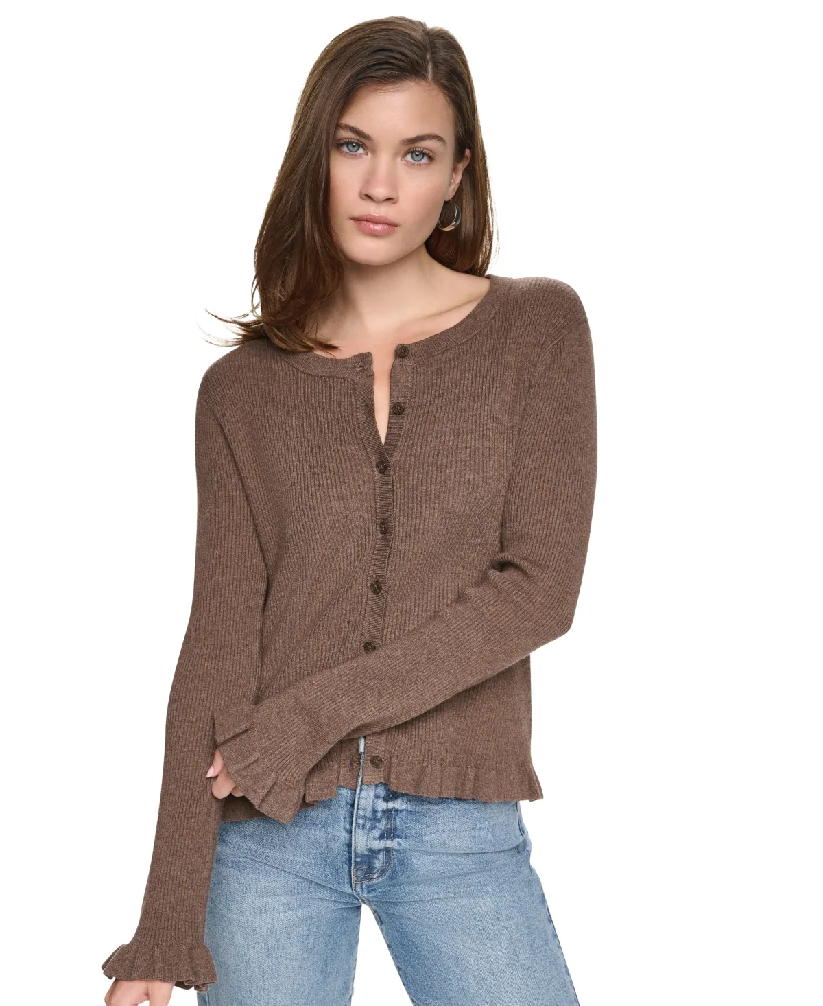 Ribbed Knit Ruffle Trim Cardigan
