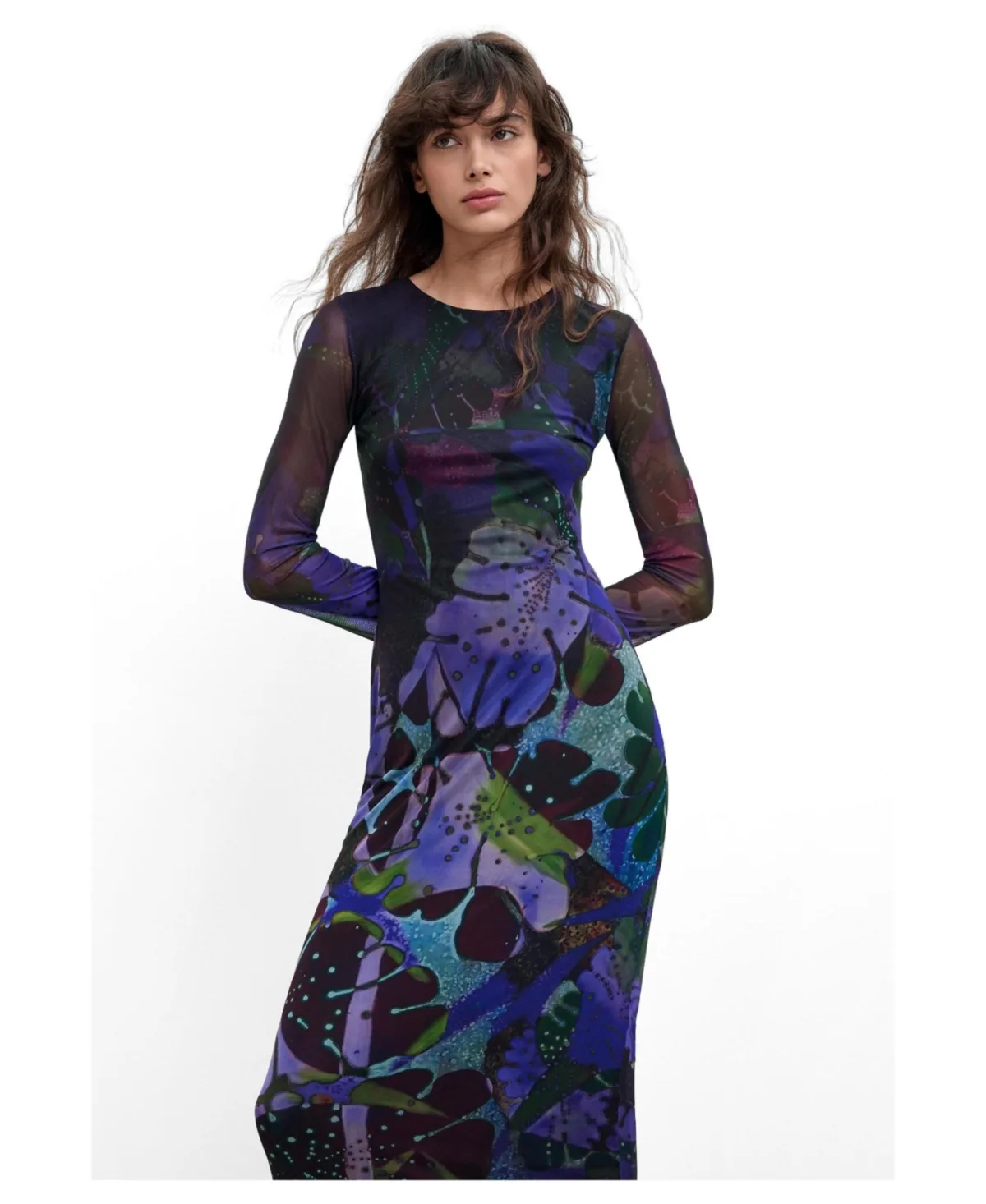 M. C. Lacroix Floral-Print Long-Sleeve Crewneck Midi Dress by Desigual
