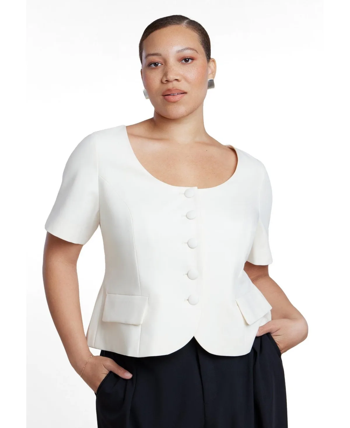 Cinched Waist Short-Sleeve Scoop Neck Blazer by Eloquii