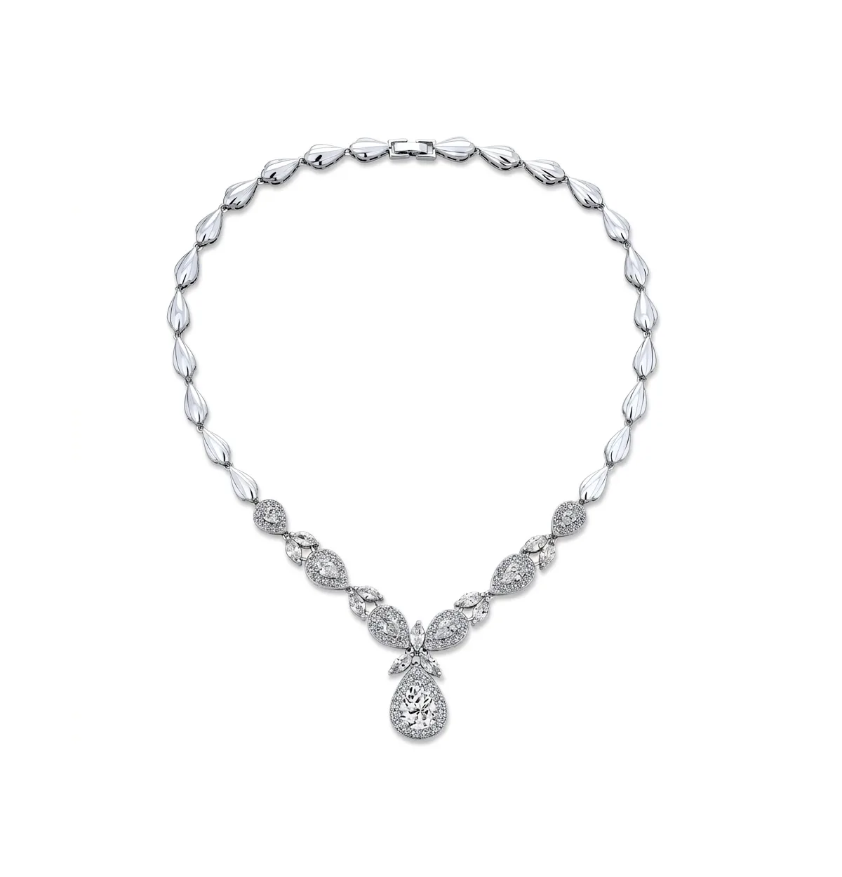 Vintage Style Teardrop Leaf Cz Statement V Collar Necklace Silver Plated