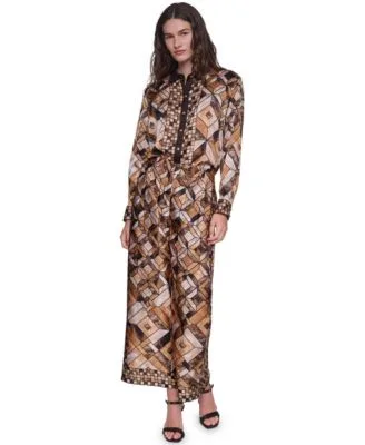 Long Sleeve Collared Geometric Blouse Pleated Wide Leg Pants by Karl Lagerfeld
