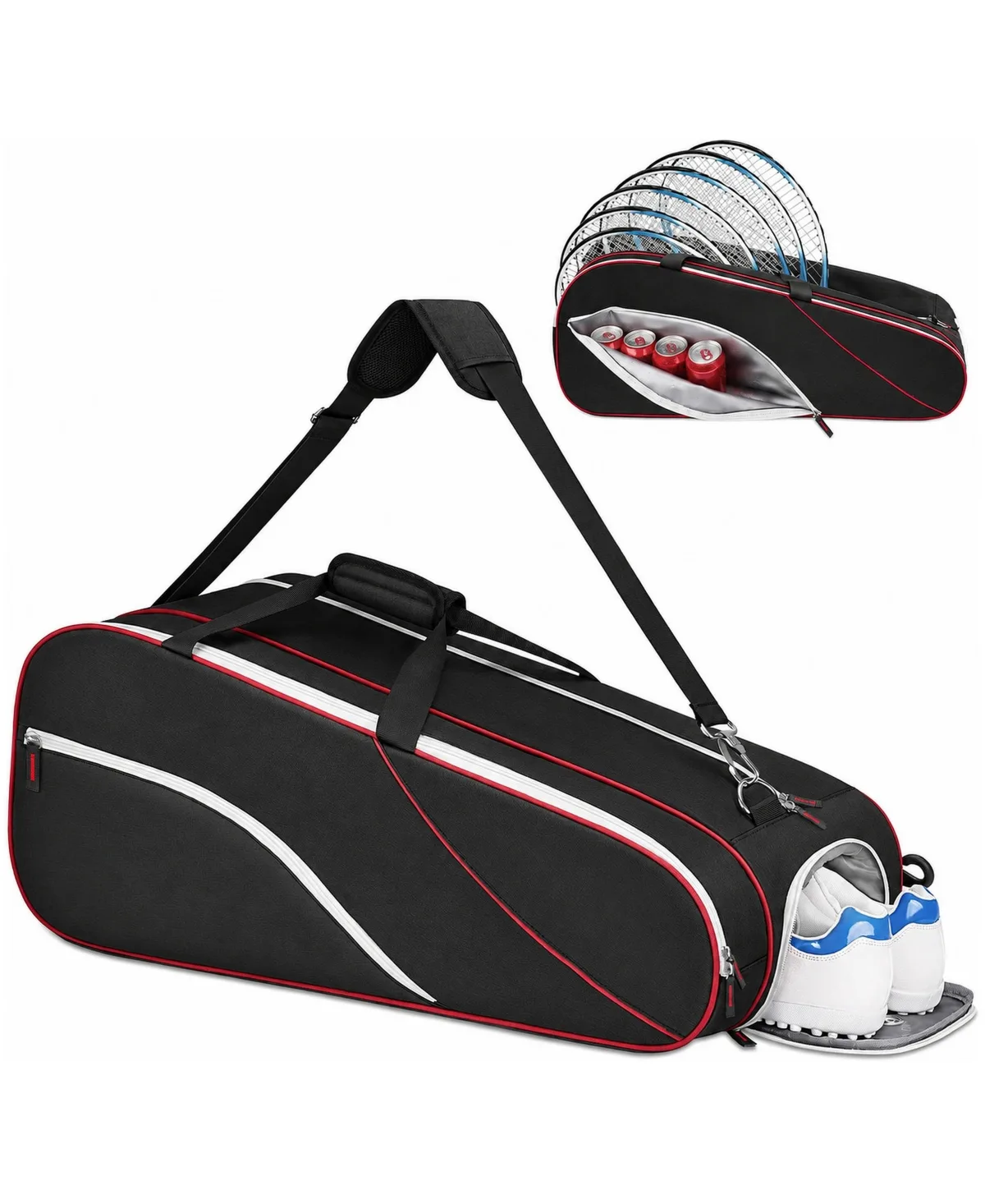 6 Rackets Tennis Bag with Shoe Compartment Dry Wet Separation 3 Ways Carry