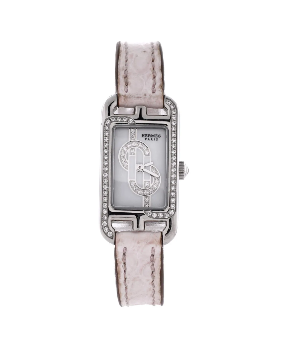 Pre-Owned Hermès Nantucket Quartz Watch in Stainless Steel and Alligator with Diamond Dial and Bezel 17mm by Hermes