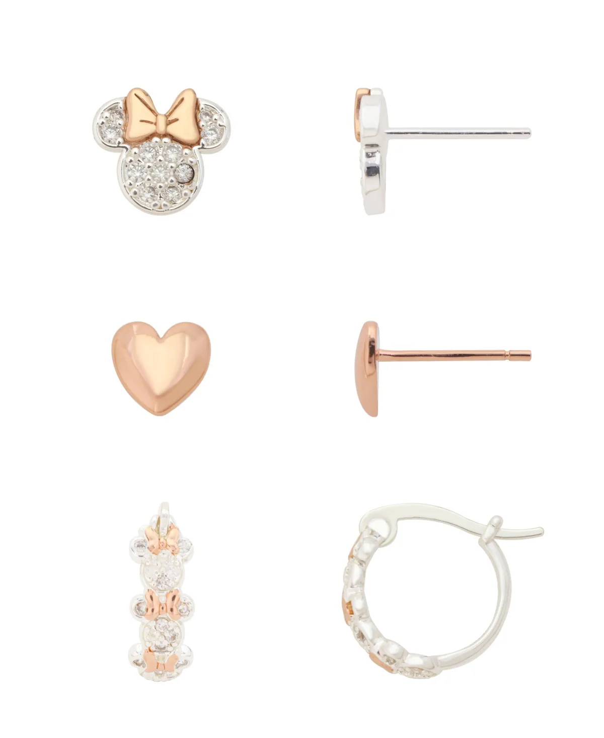 Cubic Zirconia and Crystal Heart Minnie Trio Stud and Hoop Earrings, 3-Piece Set by Disney