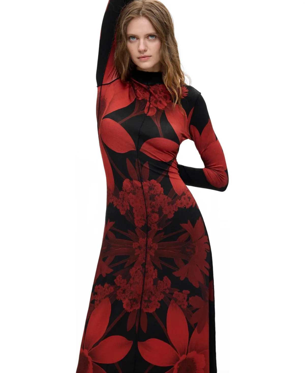 Long-Sleeve Floral-Print Mock Neck Midi Dress by Desigual