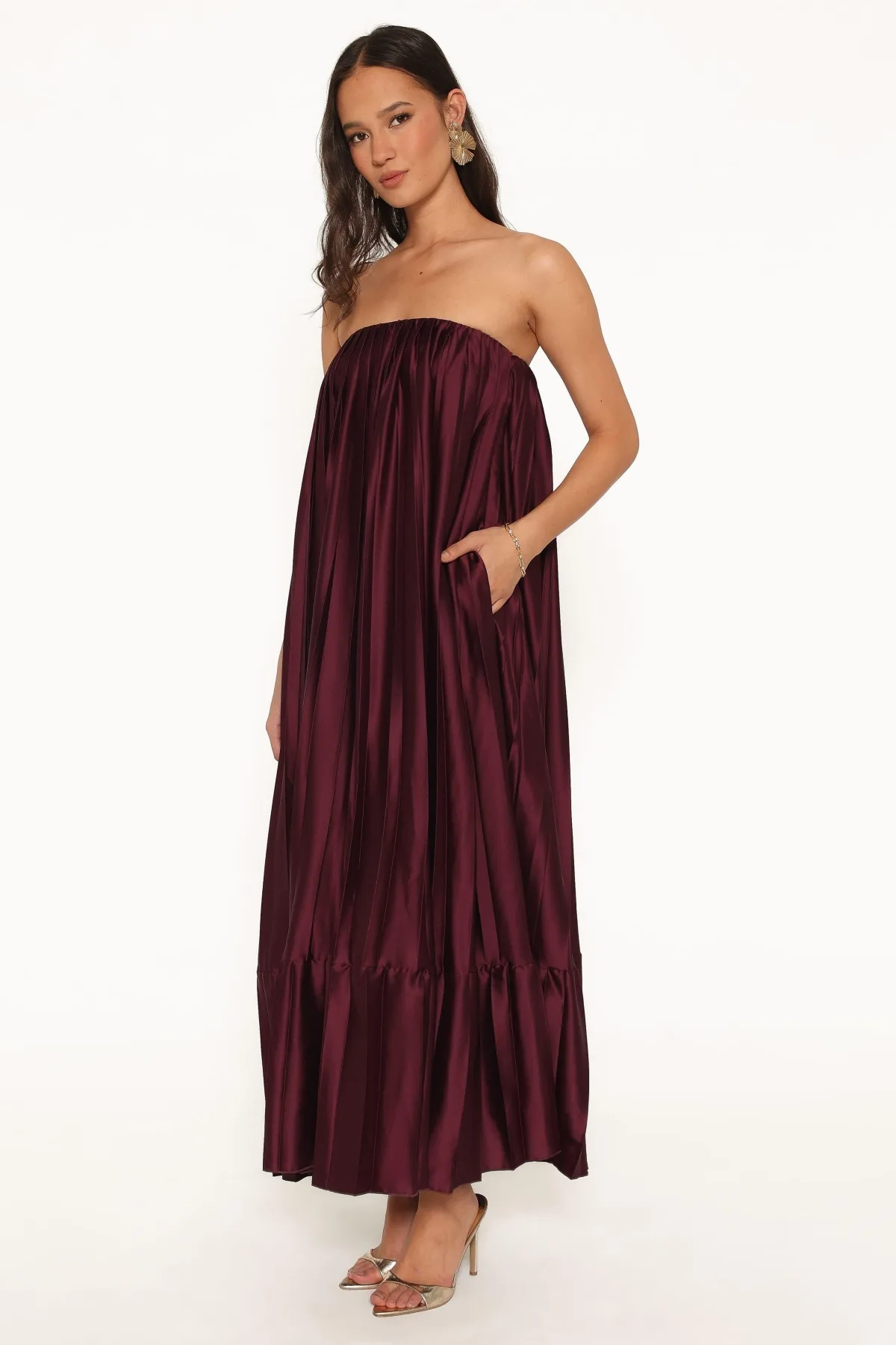 Nalania Wedding Guest Strapless Satin Maxi Dress by Petal and Pup