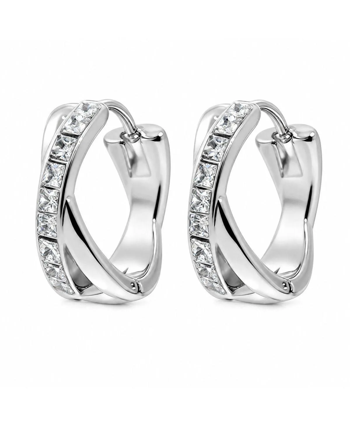 Cubic Zirconia/Silver-Tone Princess-Cut Crossover Huggie Hoop Earrings by Rebl Jewelry