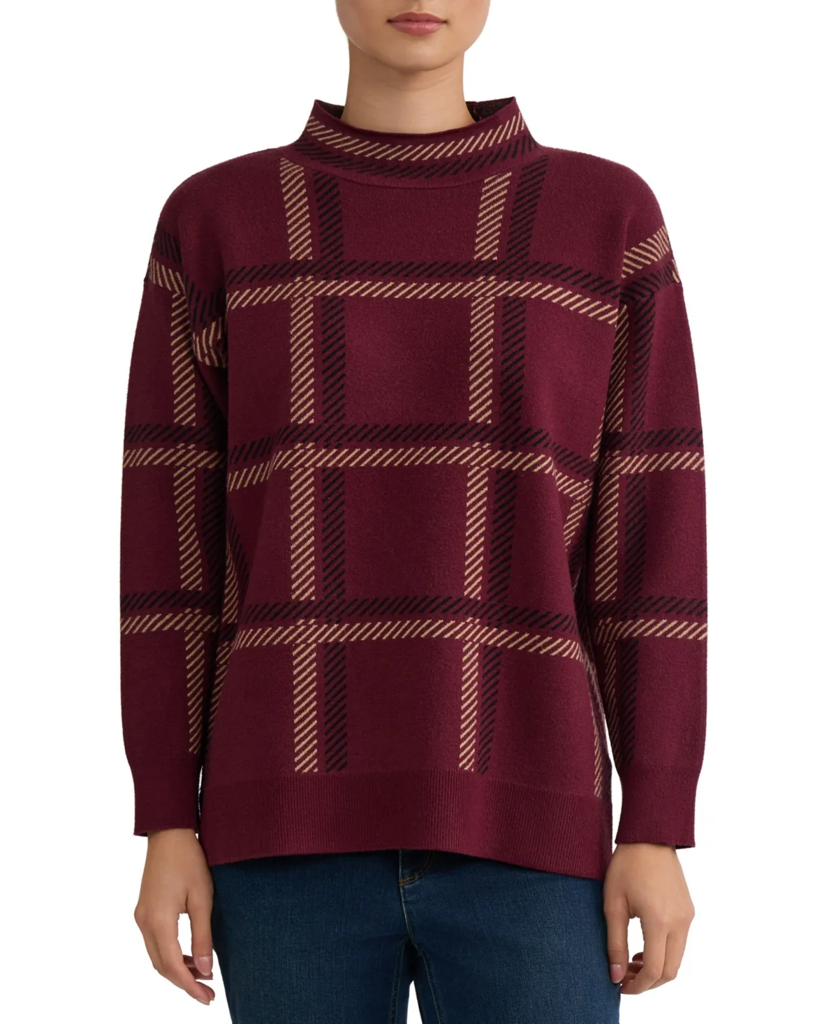 Plaid Mock-Neck Sweater