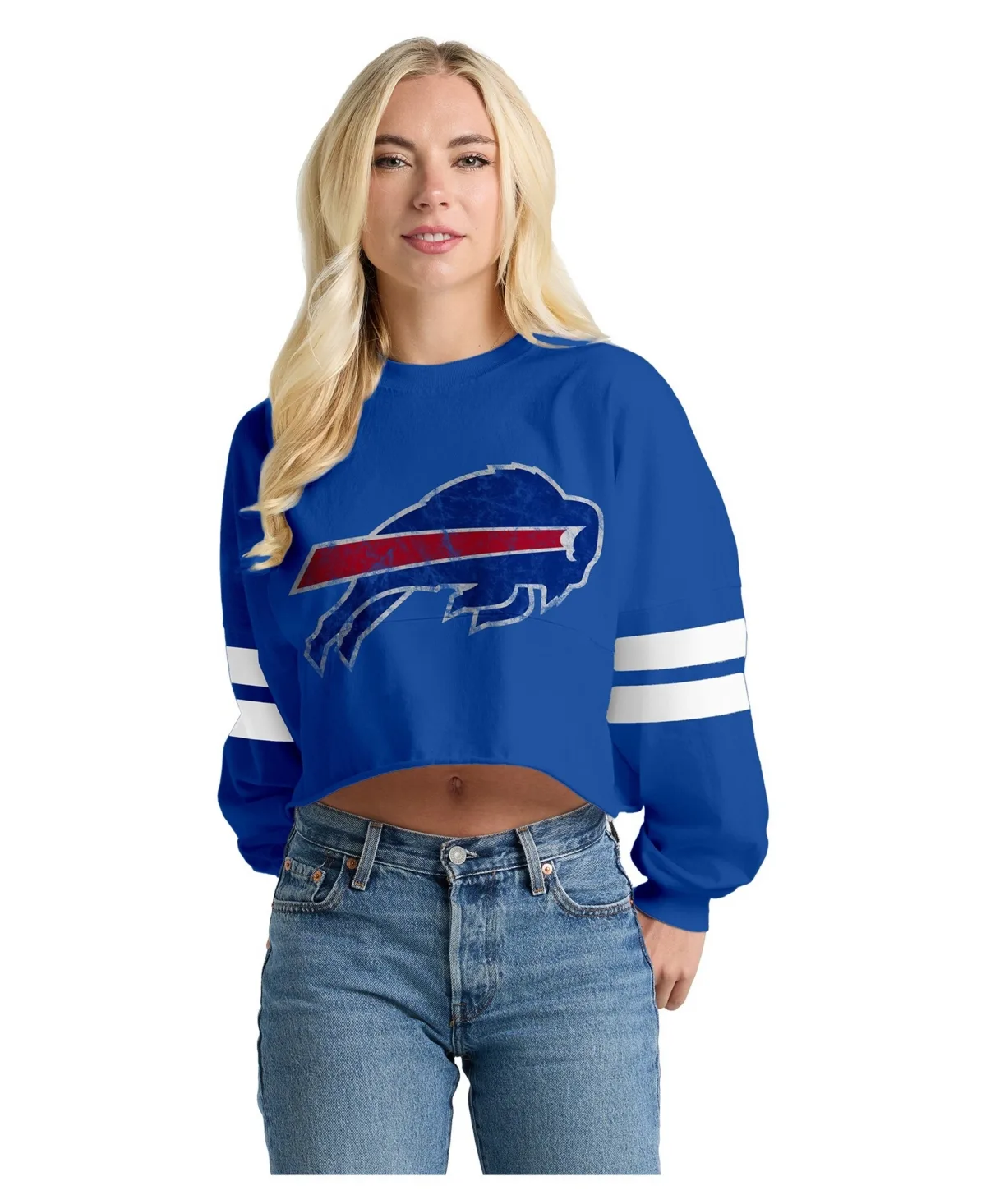 Buffalo Bills Oversized Cropped Stripe Long Sleeve T-Shirt by Spirit Jersey