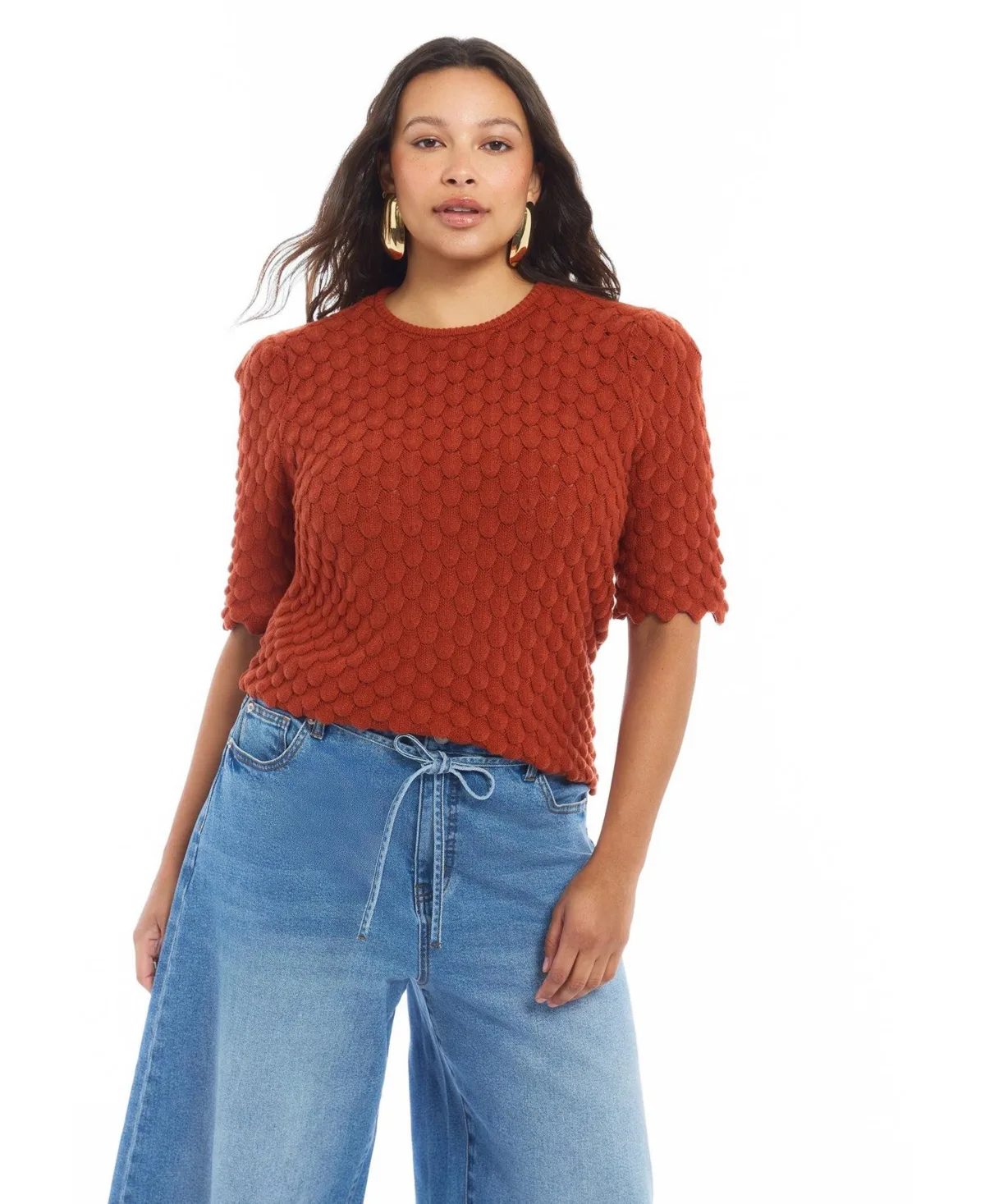 Scallop-Trim Textured-Knit Sweater by June & Vie