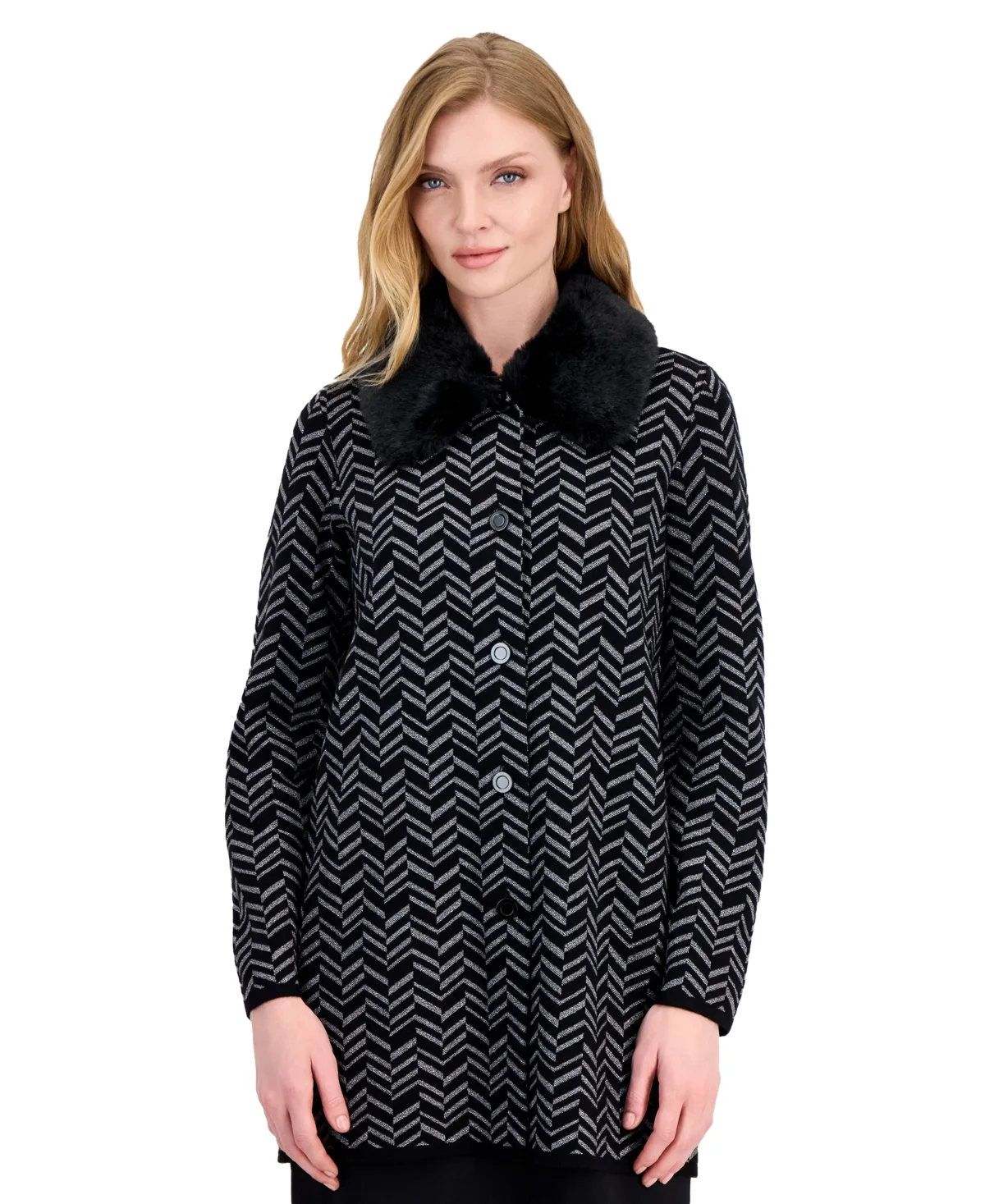 Petite Faux-Fur Collar Geometric-Print Coatigan Sweater by Kasper