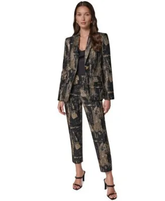 Brushstroke Peak Lapel Statement Shoulder Pad Blazer Brushstroke Metallic Slim Leg Ankle Pants by Donna Karan New York