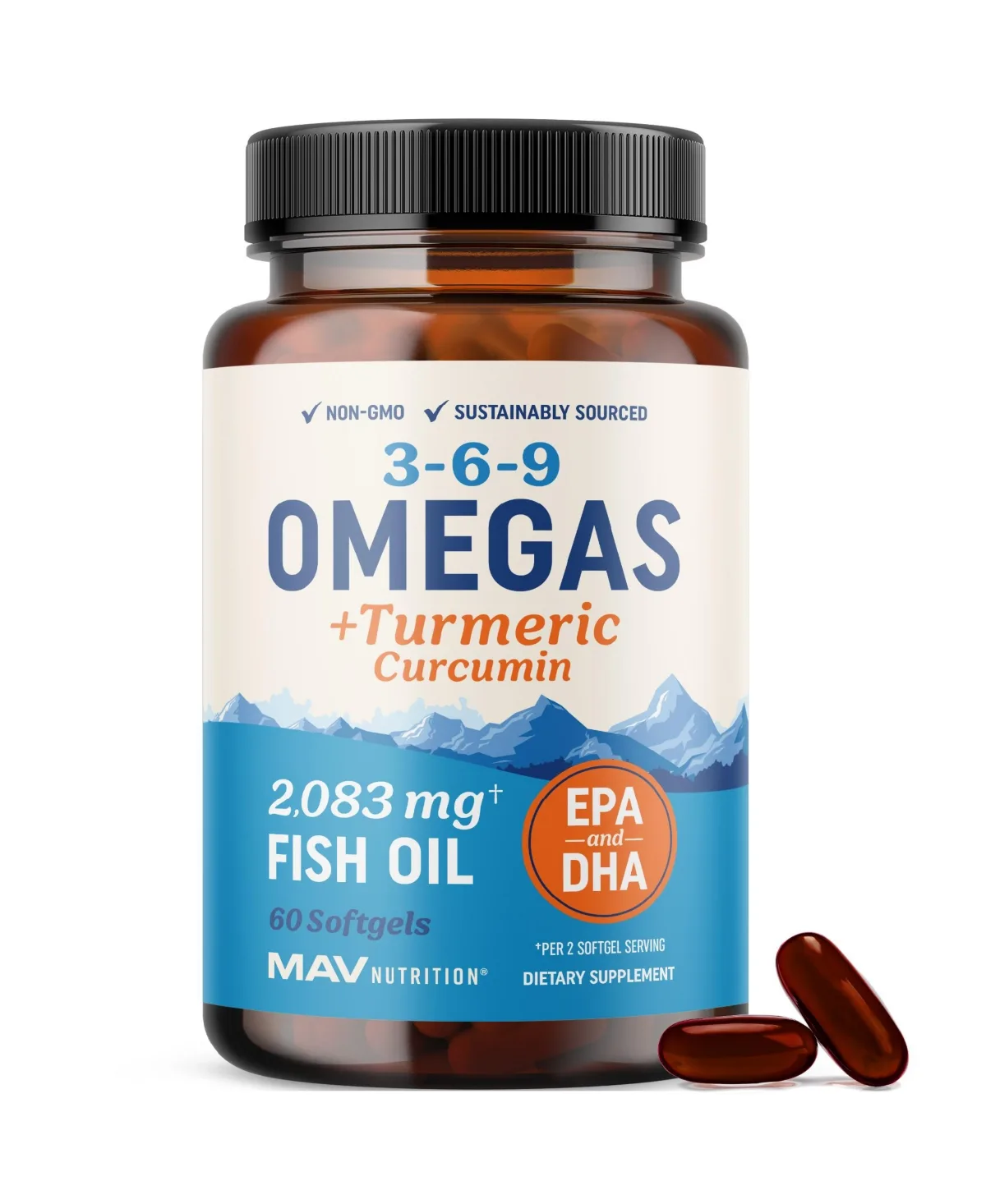 Omega 3 6 9 Plus Turmeric Curcumin Softgels, 60 Count by Mav Nutrition