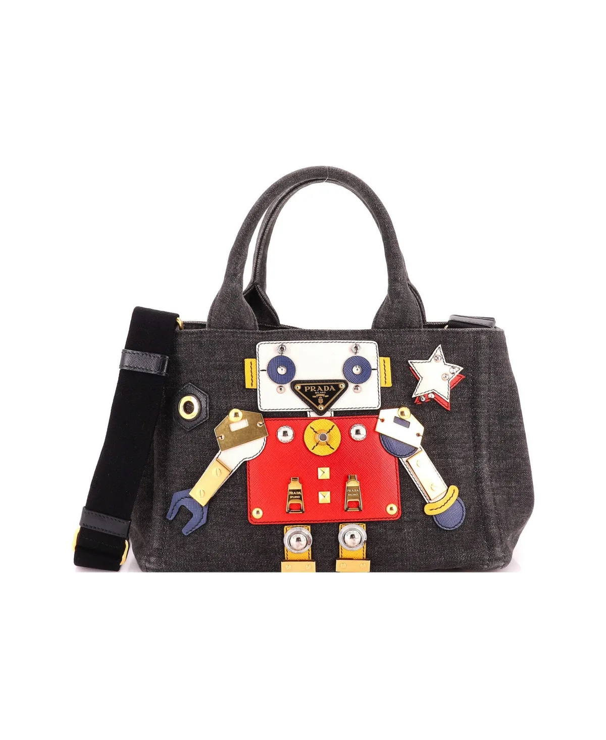 Pre-Owned Prada Mini Robot Convertible Tote Embellished Denim