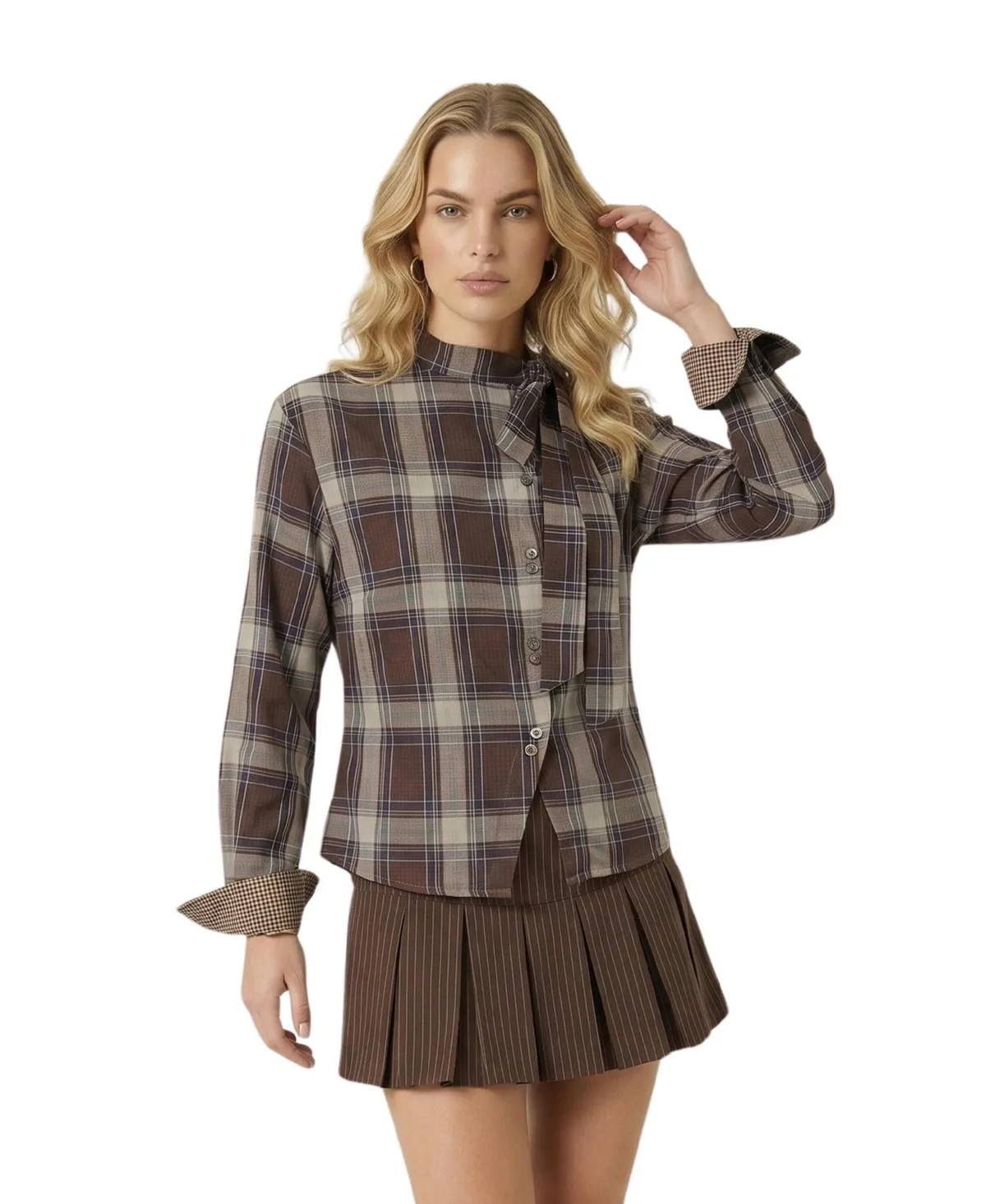 Plaid Long-Sleeve Side-Tie Button-Up Blouse by Modenaire