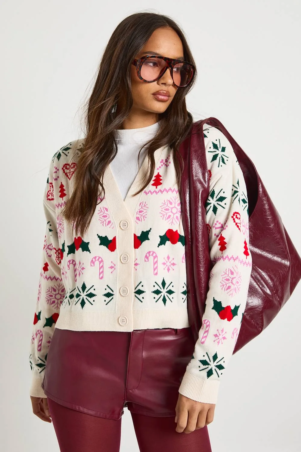 Candy Cane Fairisle Crop Christmas Cardigan by boohoo