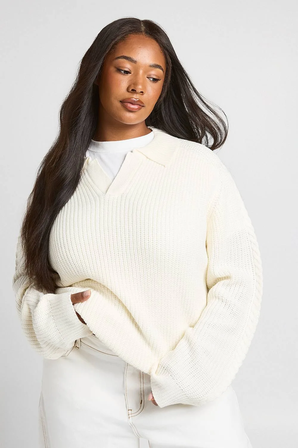 Chunky Knit Collared V Neck Jumper by boohoo