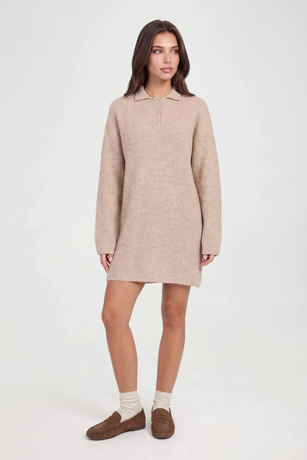 Collar Detail Oversized Rugby Knitted Mini Dress - Stone by boohoo