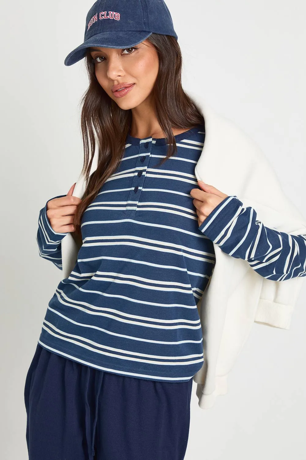 Striped Long Sleeve Henley Button Boxy Top by boohoo