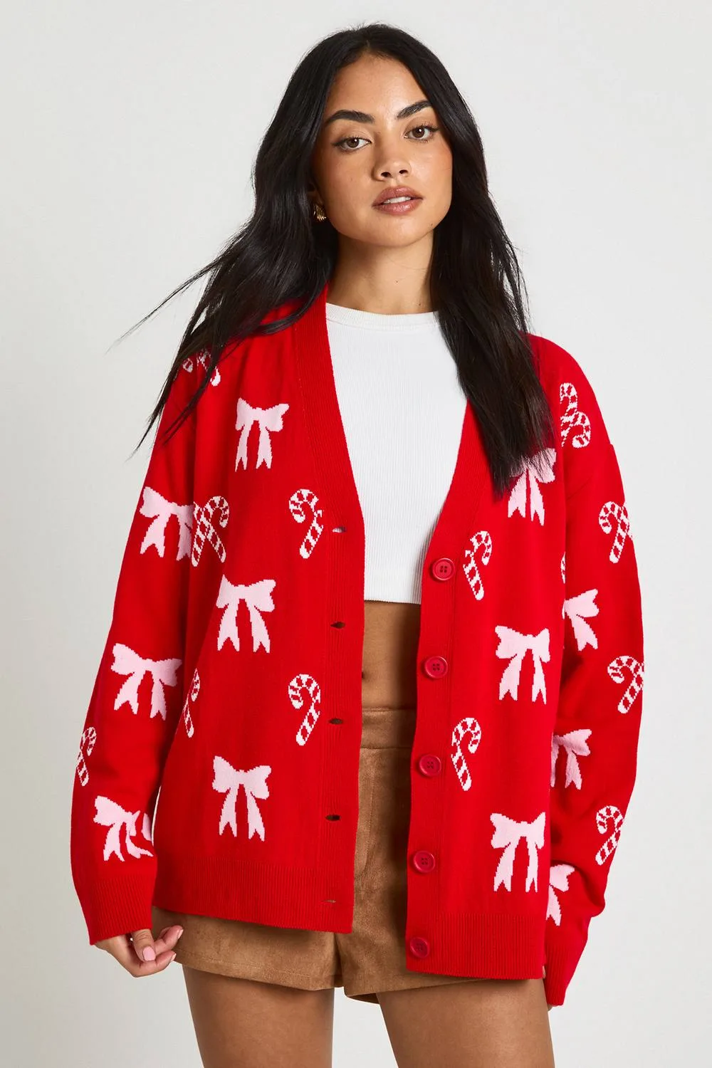 Candy Cane Bow Christmas Cardigan by boohoo