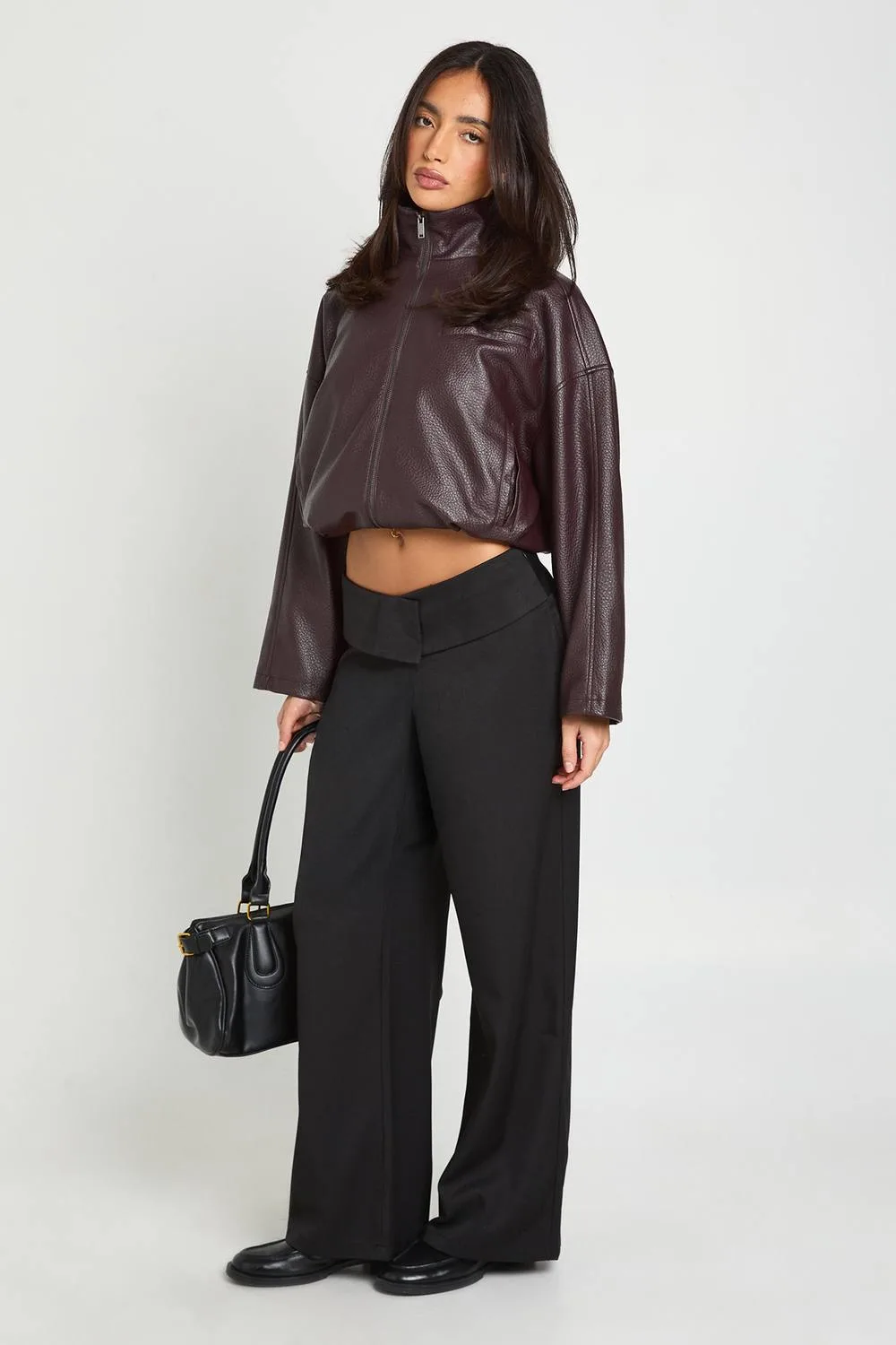 Foldover Waist Slim Wide Leg Trousers by boohoo