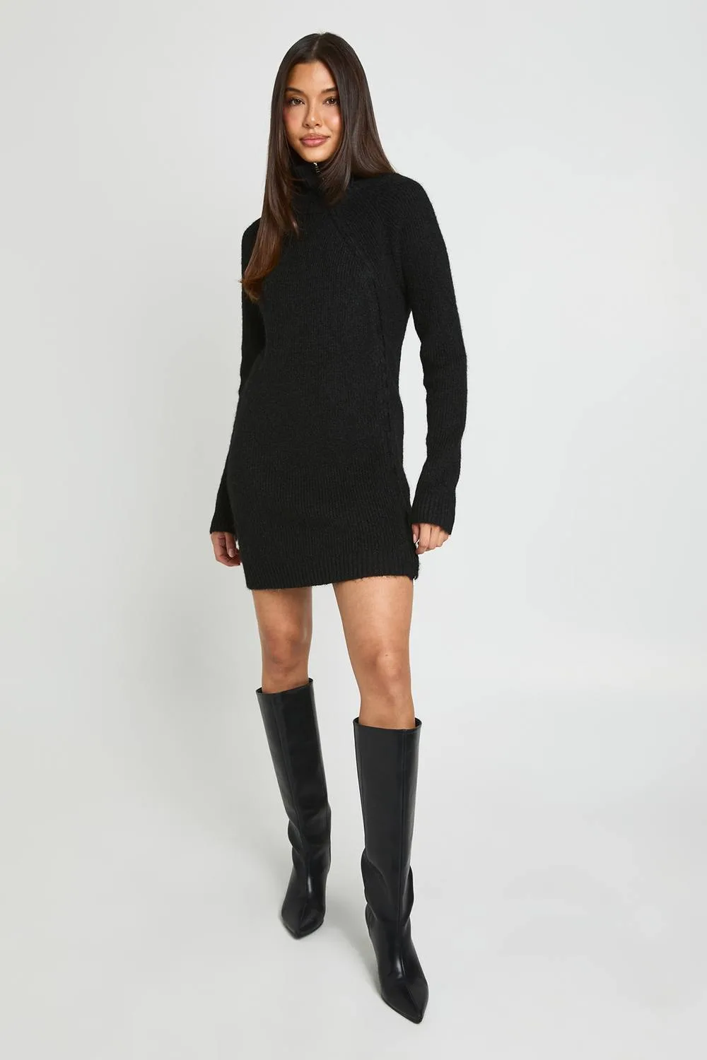 Zip Through High Neck Knitted Mini Dress by boohoo
