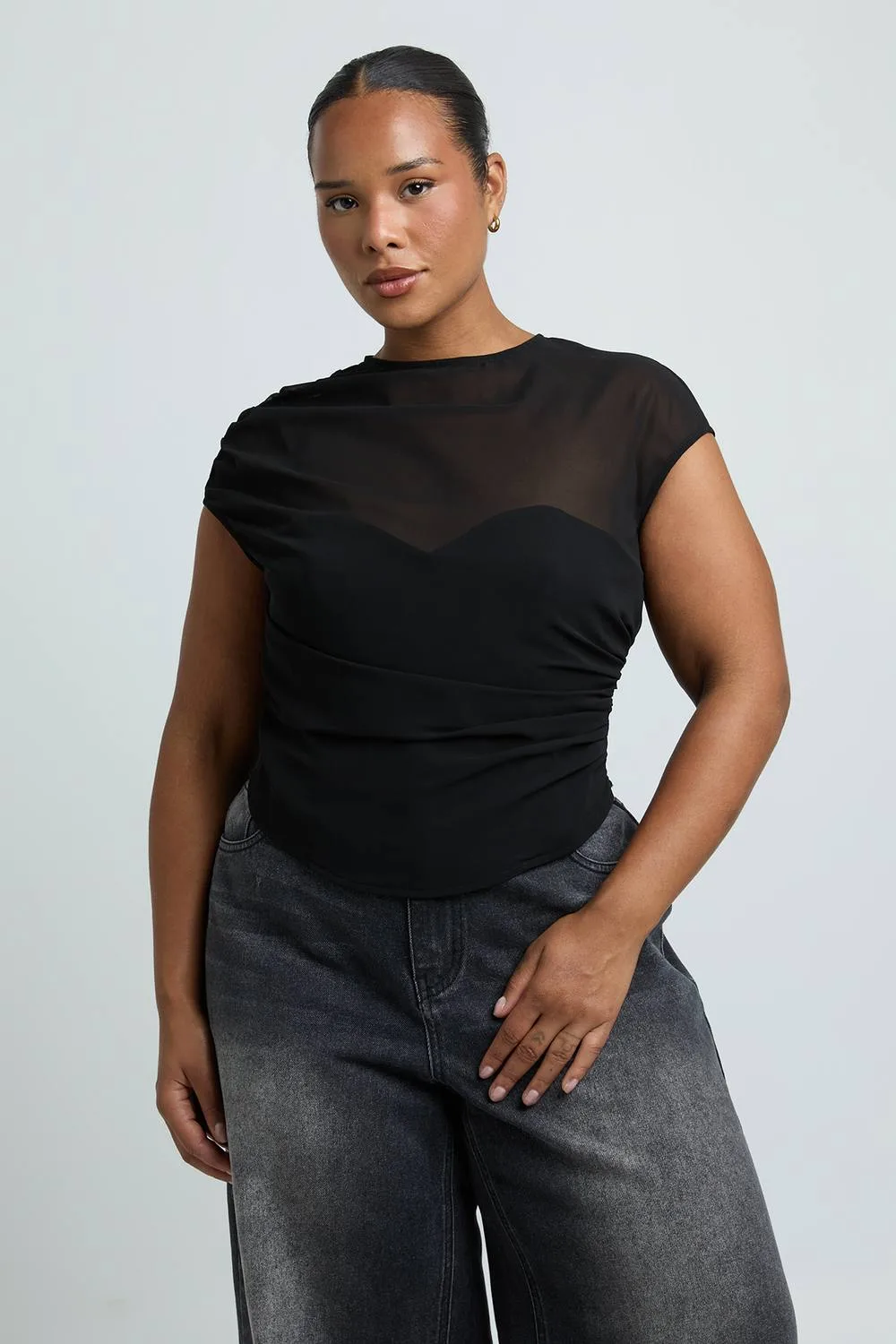 Sheer Panel Cap Sleeve Corset Top by boohoo