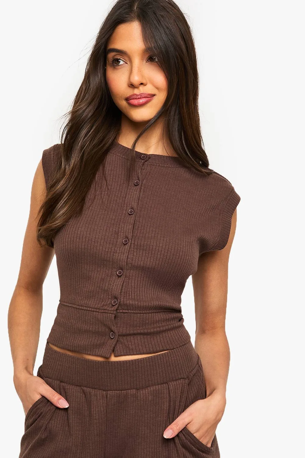 Rib Button Through Sleeveless Top by boohoo