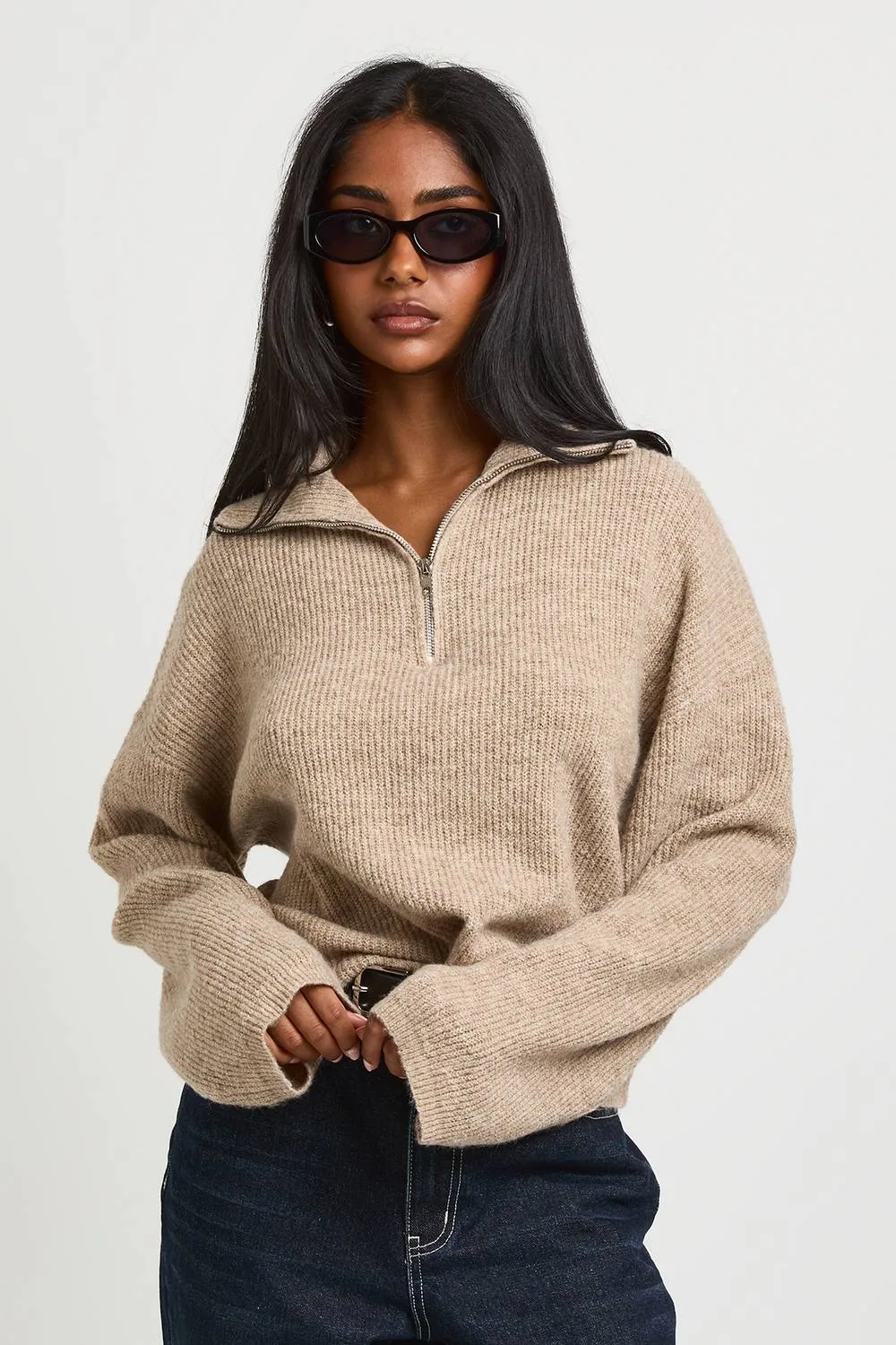 Zip Neck Rib Knit Jumper