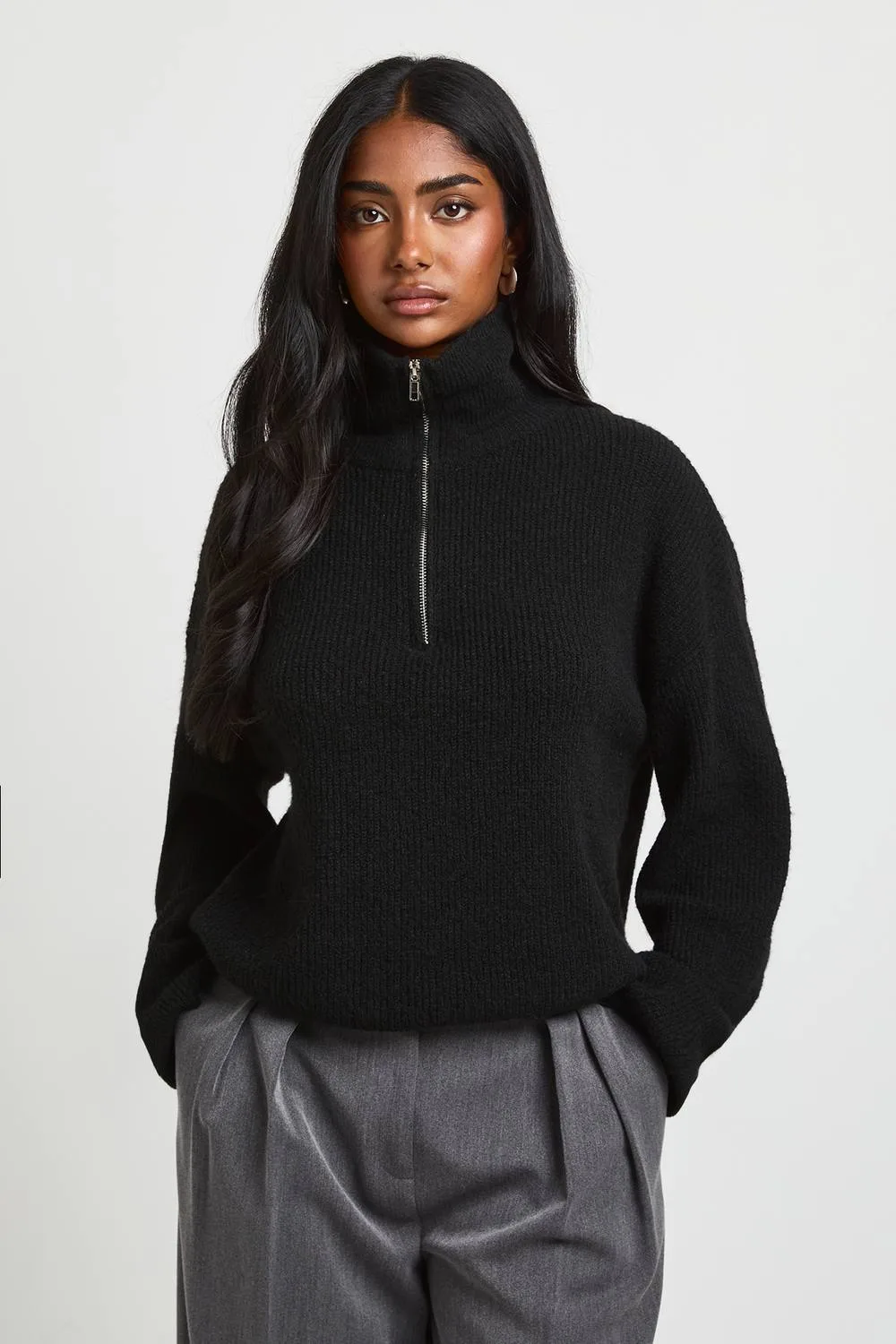 Zip Neck Rib Knit Jumper