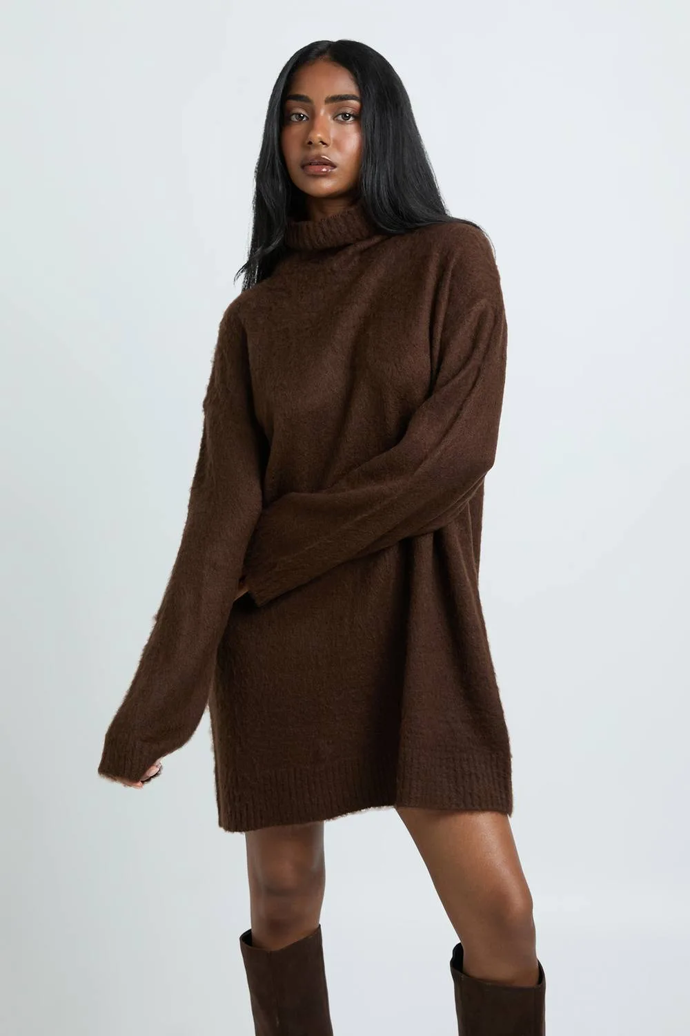 Super Soft Brushed Knit Roll Neck Mini Dress