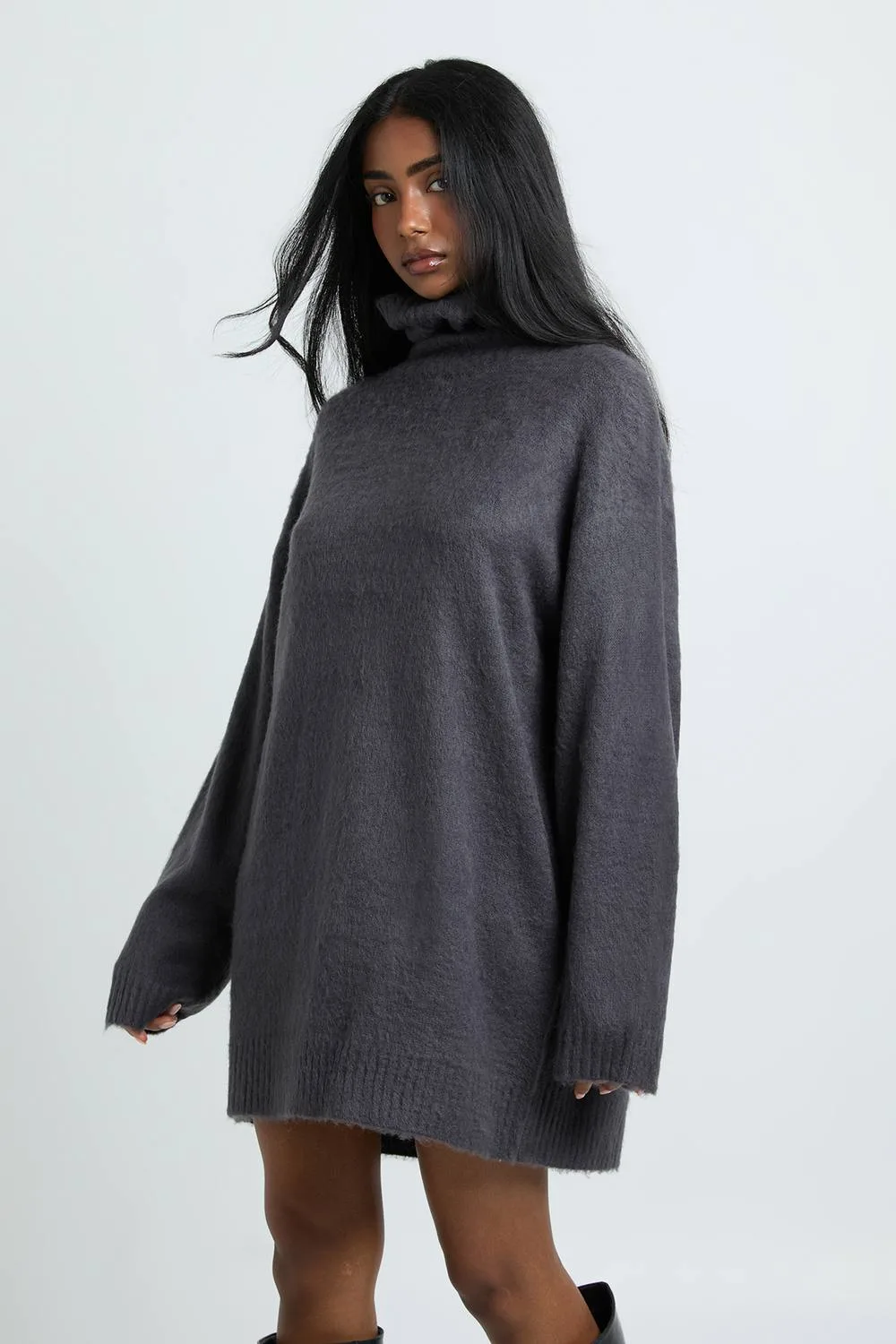 Super Soft Brushed Knit Roll Neck Mini Dress