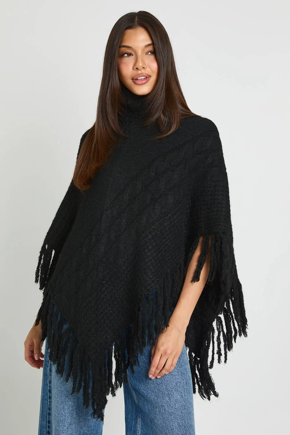 Roll Neck Cable Detail Tassel Hem Cape