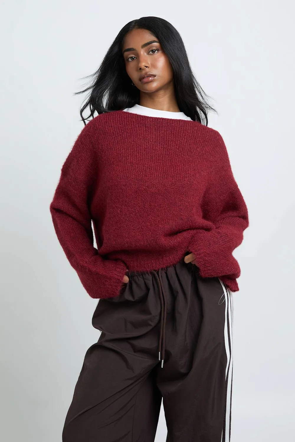 Slash Neck Boxy Crop Knitted Jumper