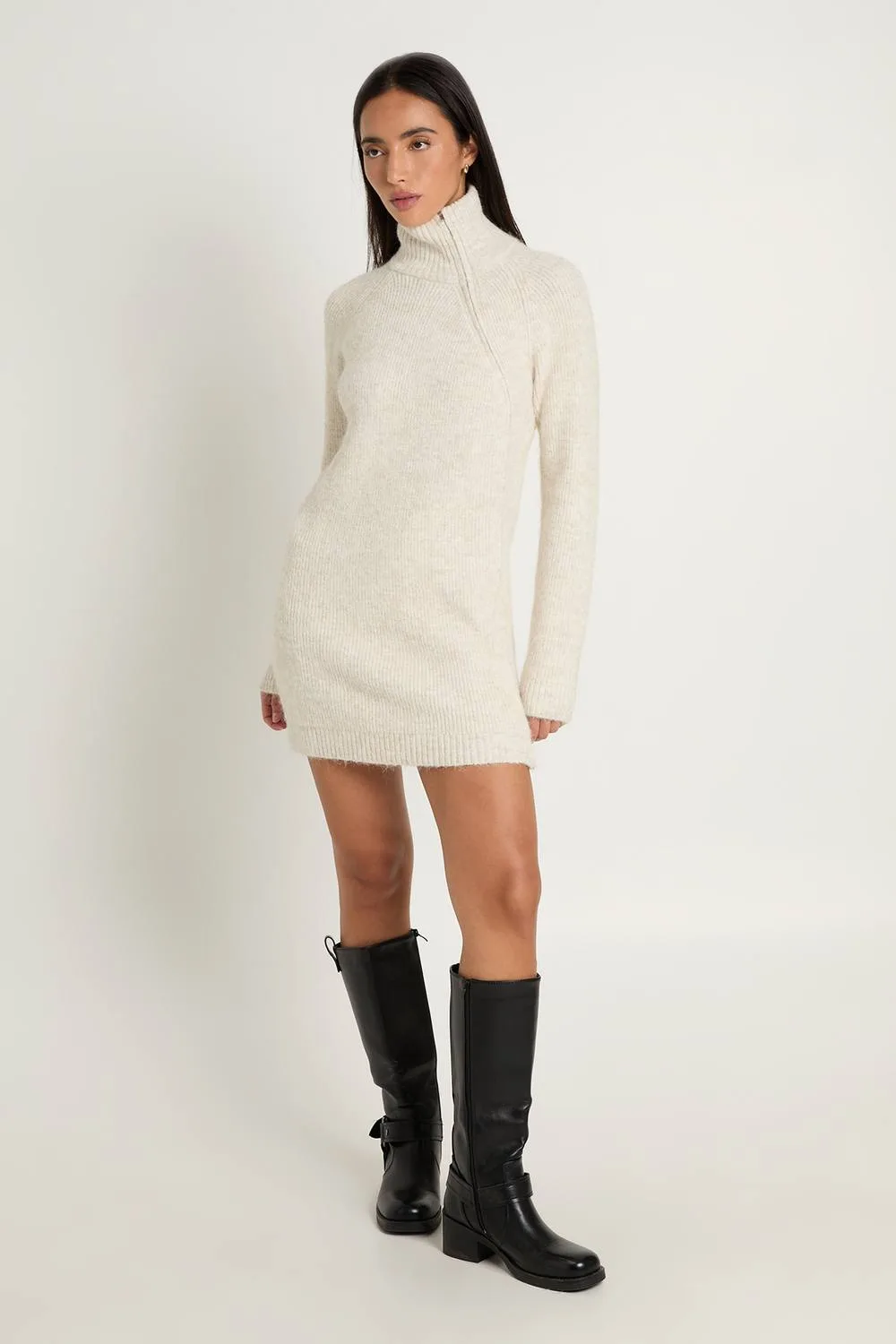 Zip Through High Neck Knitted Mini Dress - Stone