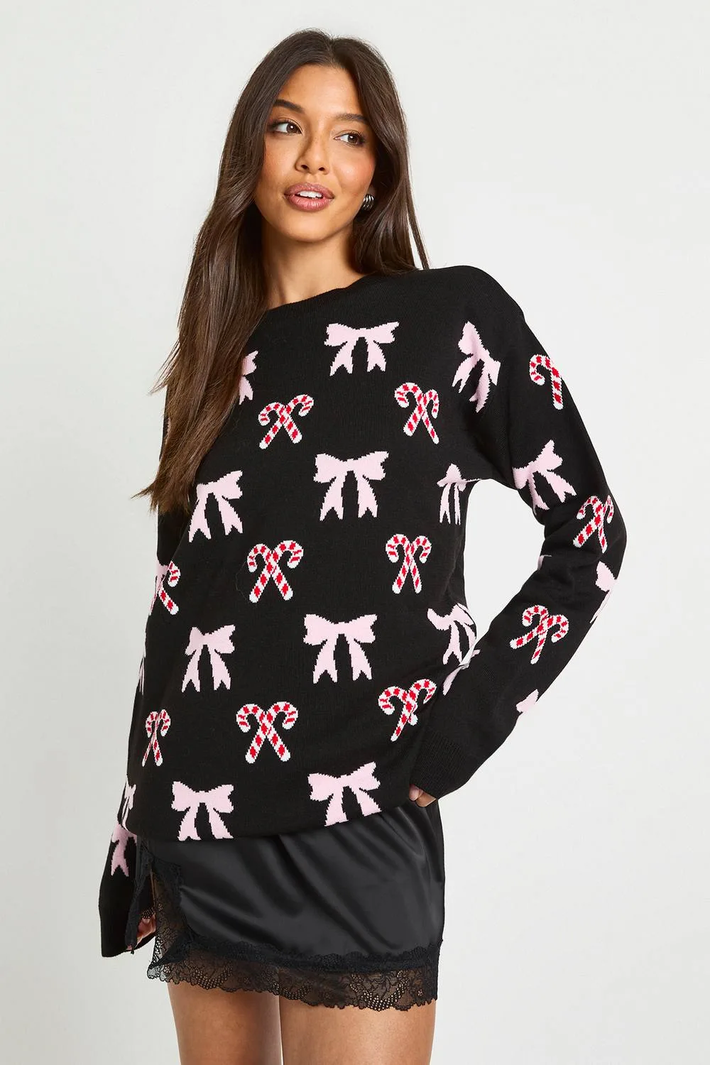 Candy Cane Bow Longline Christmas Jumper by boohoo