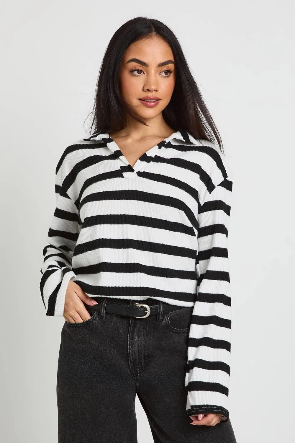 Striped Brushed Rib Rugby Top by boohoo