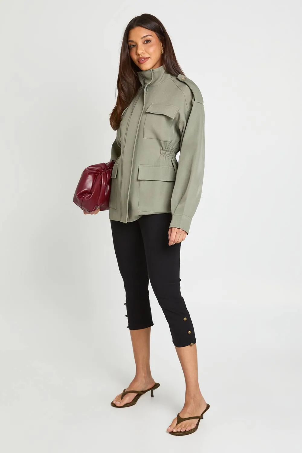 Military Button Trim Capri Legging Pants by boohoo