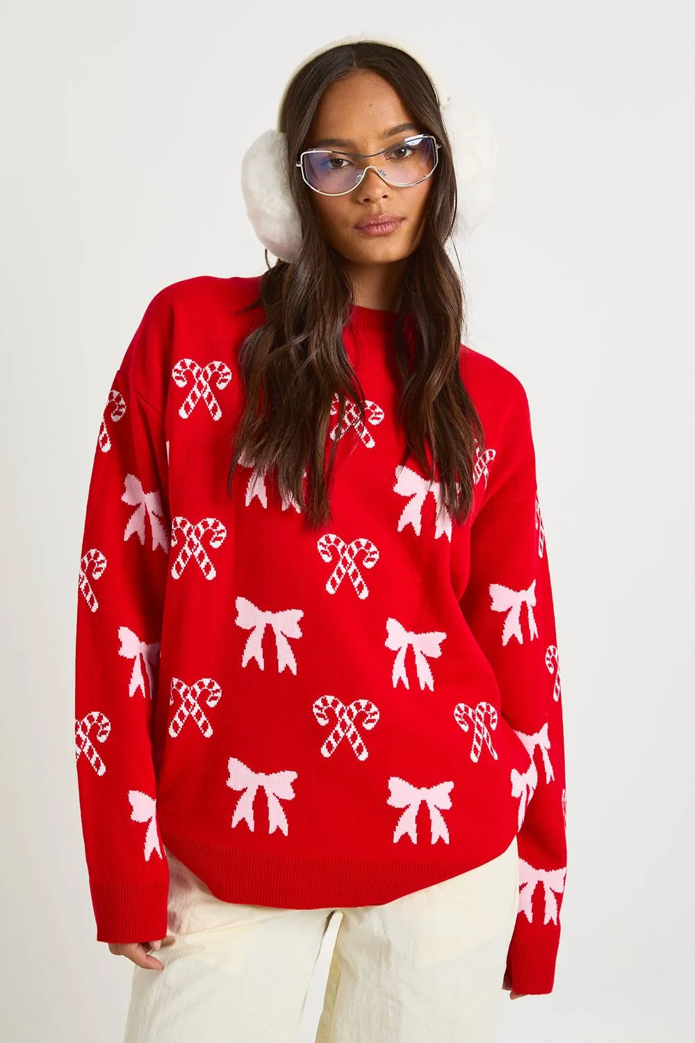 Candy Cane Bow Christmas Jumper by boohoo