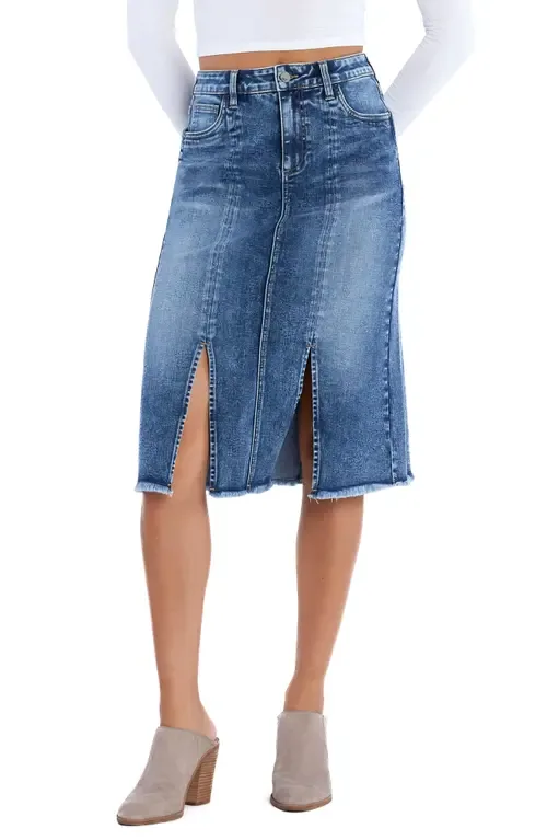 Double Front Slit Denim Midi Skirt by Wash Lab Denim