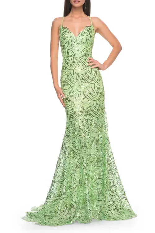 Print Sequin Mermaid Dress with Lace Up Back by La Femme