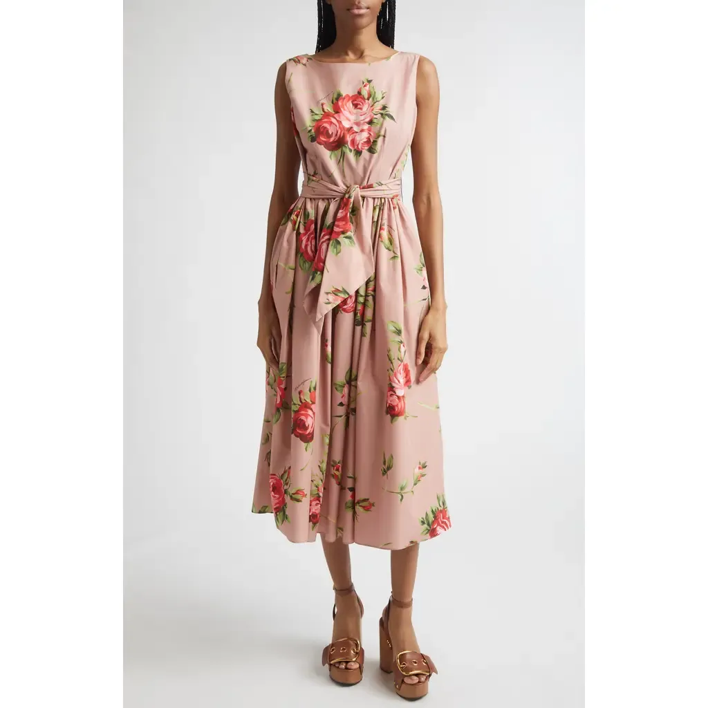 Bouquet Print Gathered Cotton Poplin Dress by Dolce&Gabbana