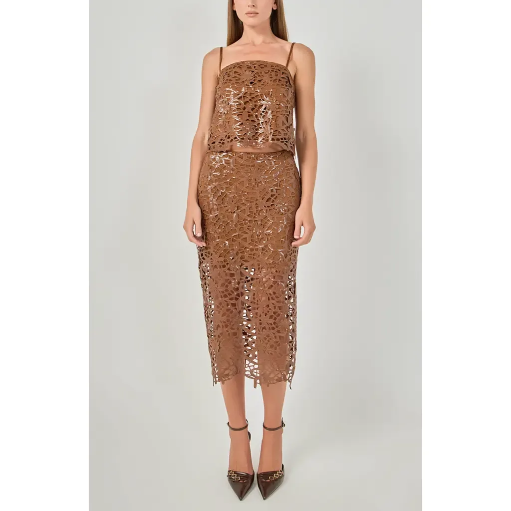 Sequin Floral Lace Midi Skirt by Endless Rose