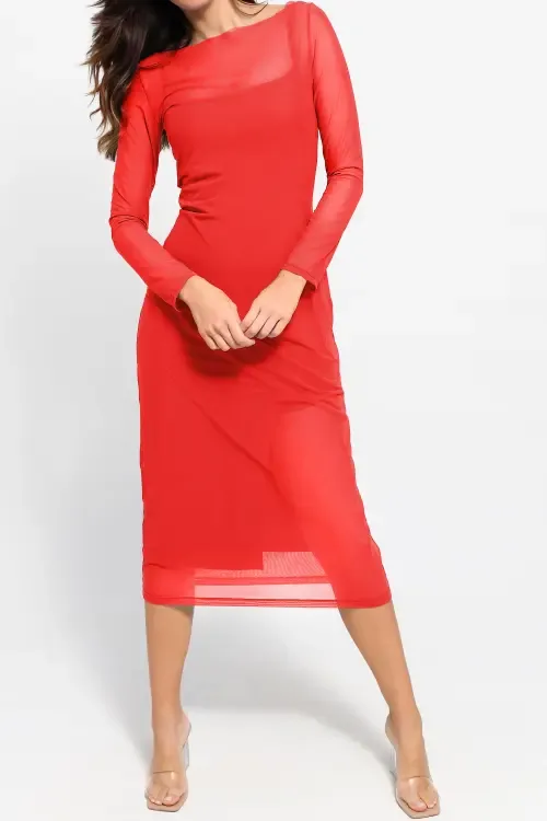 Shapewear Slimming Midi Work Dress and Sheer Mesh Overlay Set by Popilush